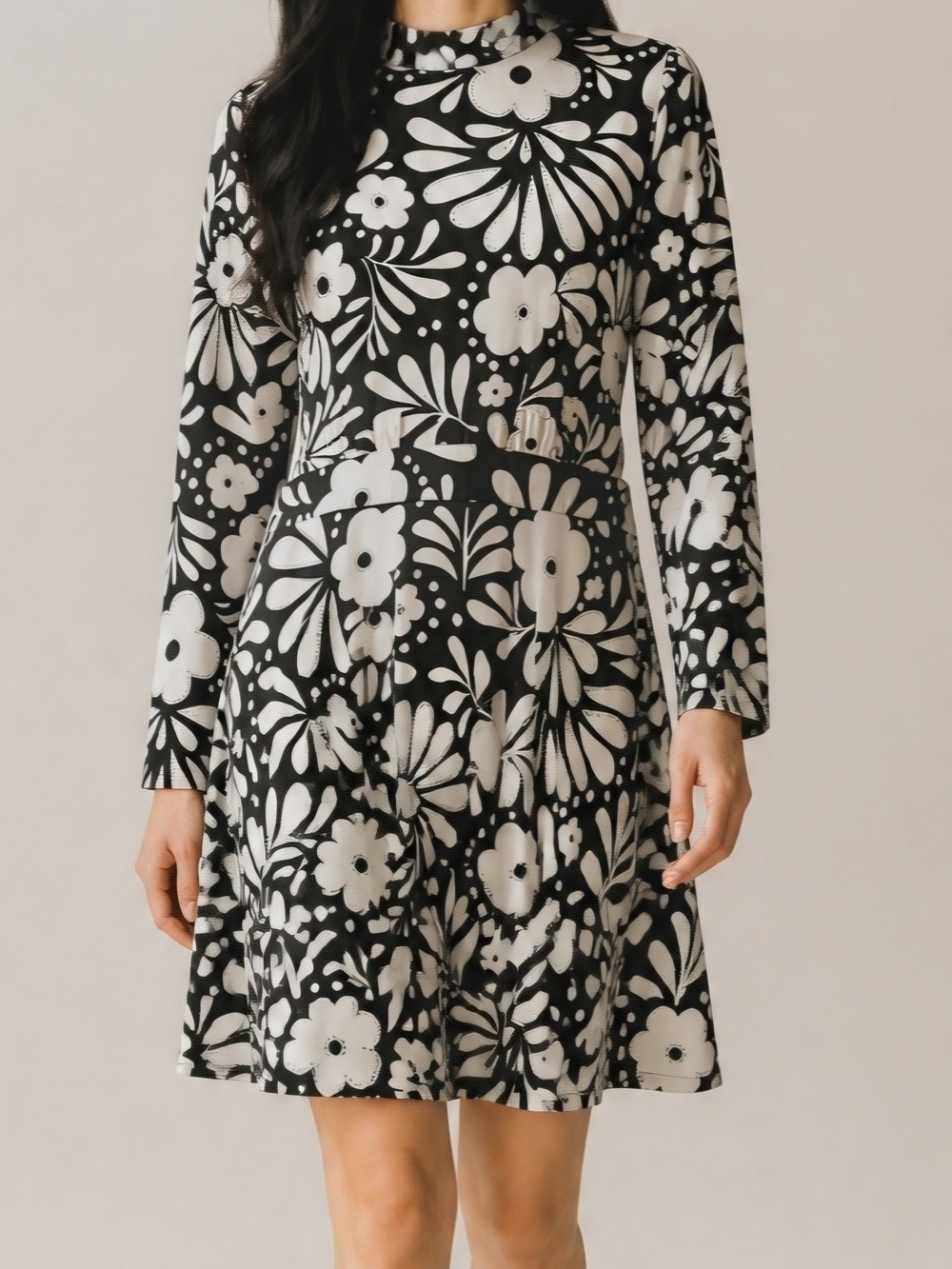 Black & White Floral Long-Sleeve Fit-and-Flare Dress Office Business Casual